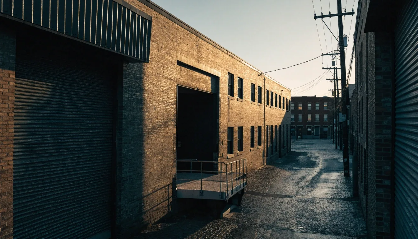 Chicago loading street near the South Loop in harsh low bay light, brick and steel warehouse fronts