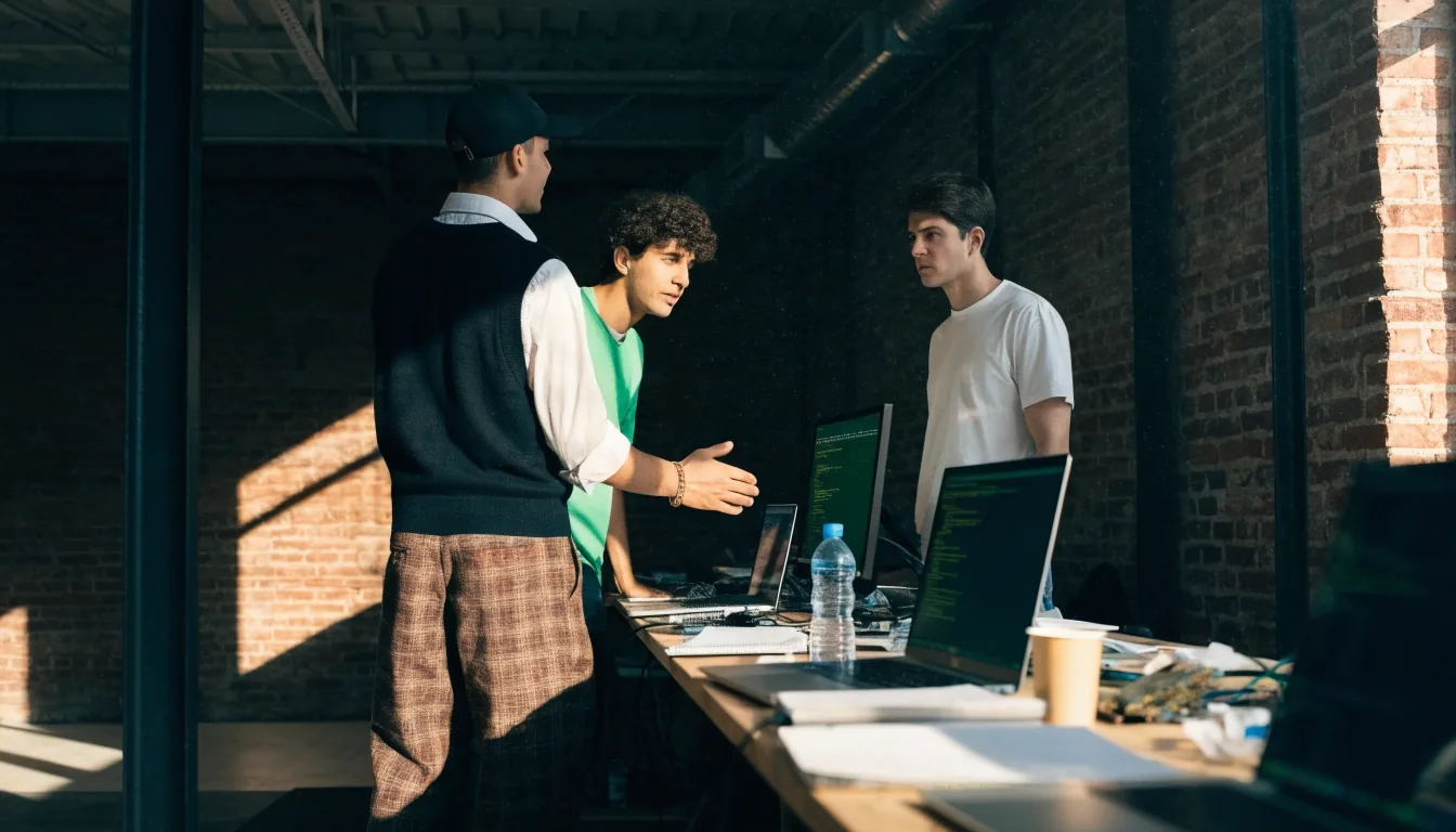 Engineers talking around a workbench inside a Chicago software studio in raking morning light