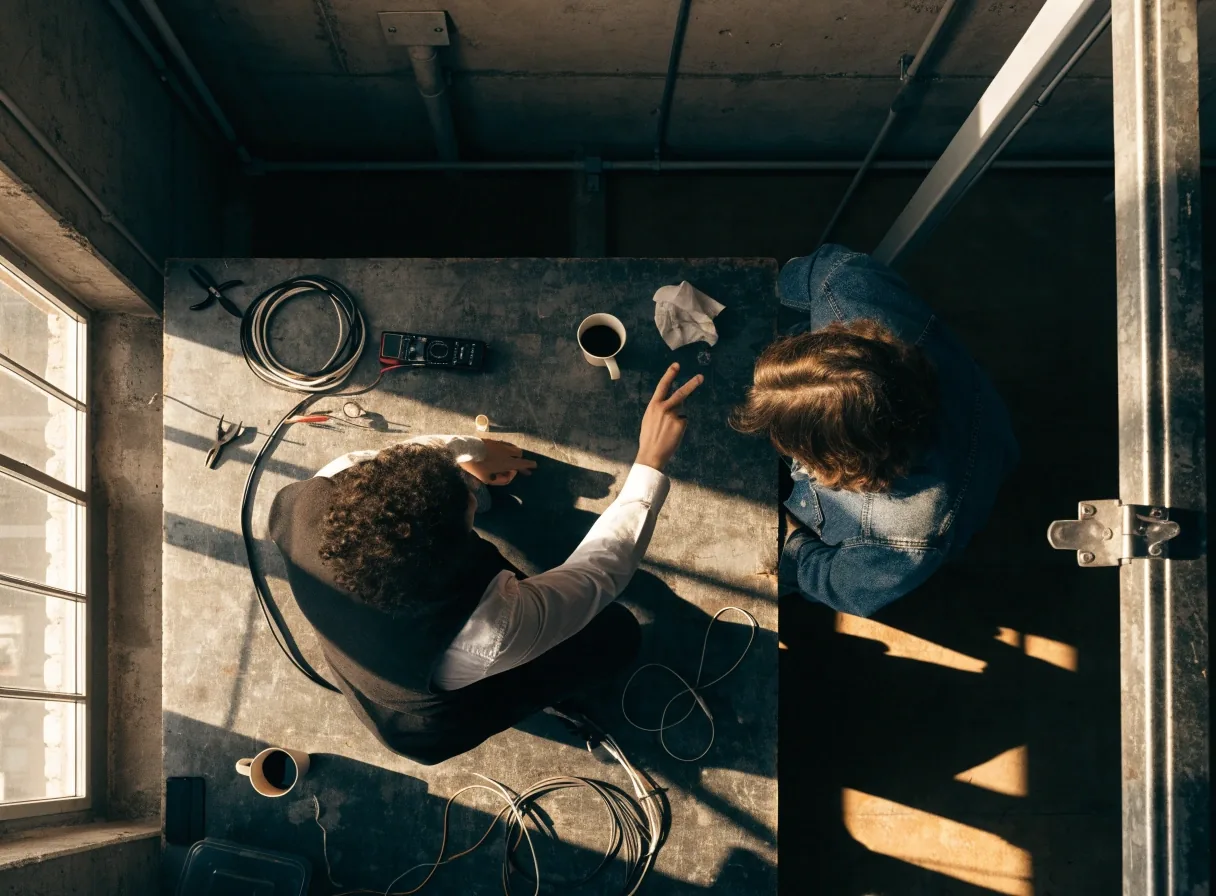 Two engineers working over the same bench in a studio, seen from above in side window light
