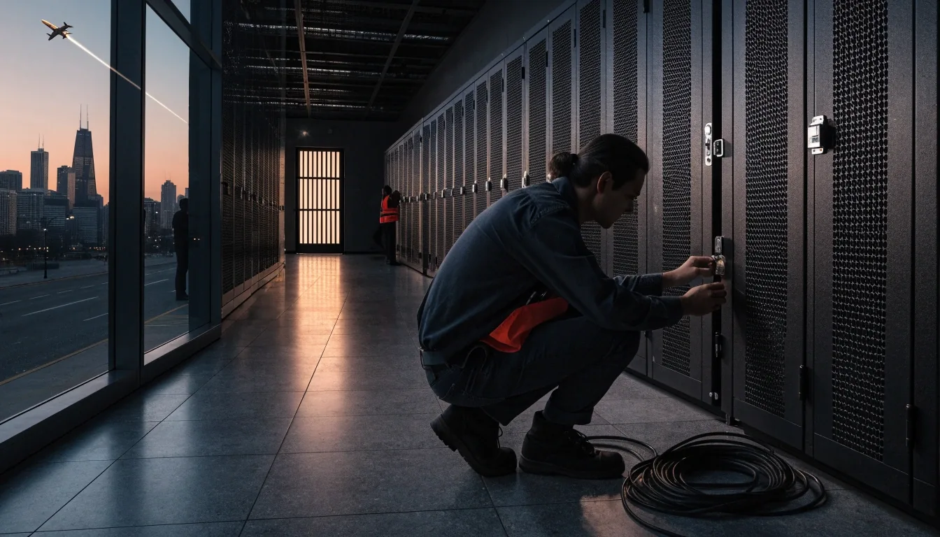 A dark workspace at the edge of day, one lit plane across a closed laptop and a cable coil
