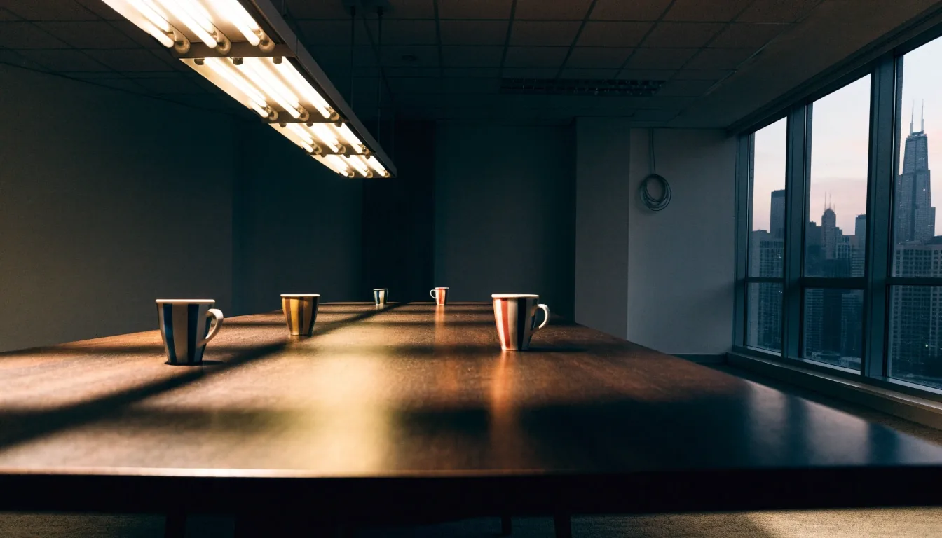Long dark table in the Chicago meeting room at the edge of day with mugs and warm side light