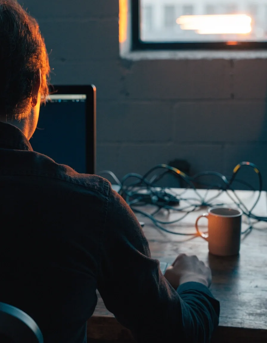 Engineer seated at a studio desk at the edge of day with a blurred window light behind