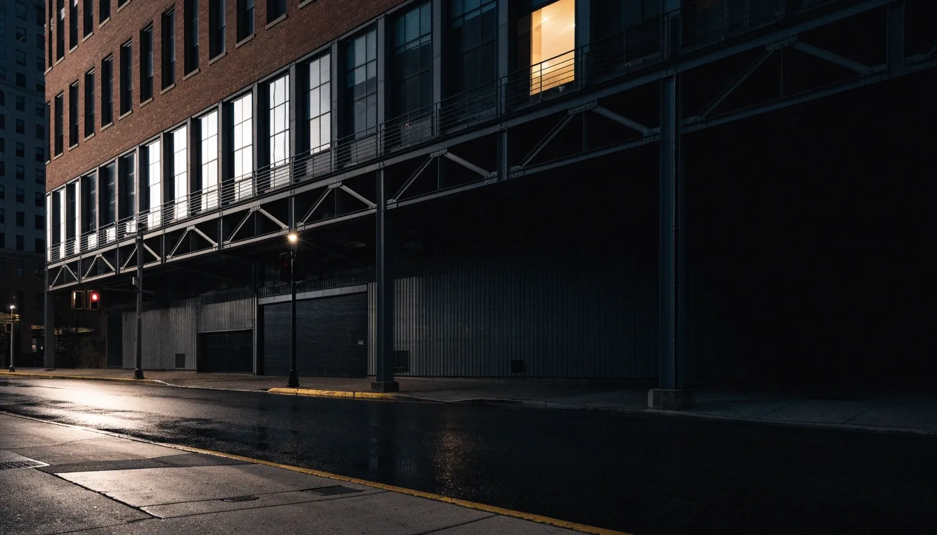 Chicago work street in low bay light approaching the Caxy Interactive office building