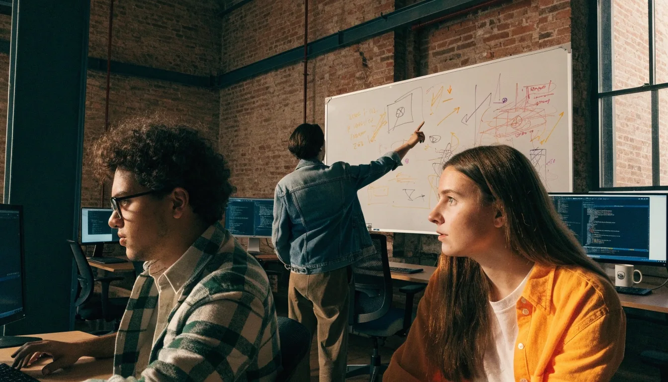 Engineers in conversation across a workbench in a Chicago studio