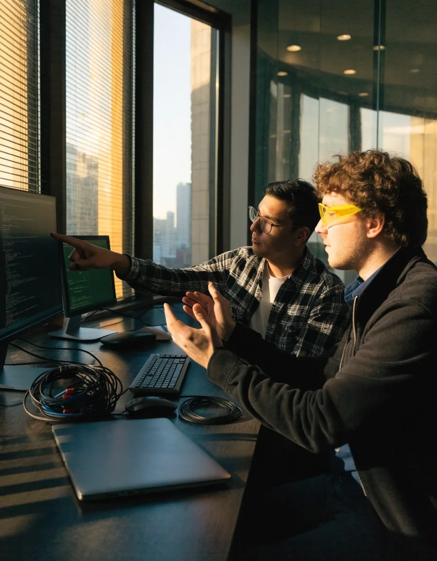 Engineers working through an integration decision at a shared workstation in the Caxy Interactive office