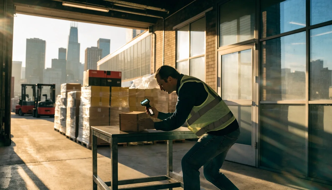 Warehouse loading aisle in Chicago with a worker checking pallets against a handheld scanner