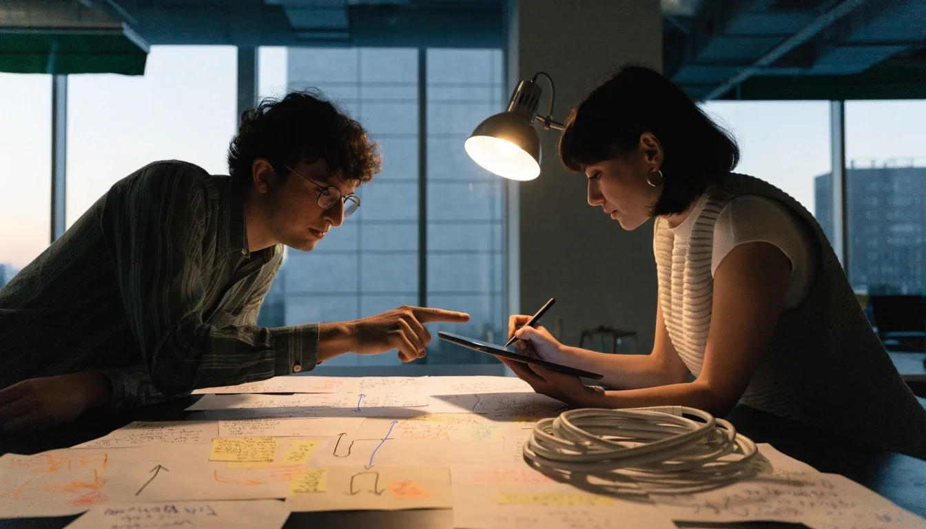 A hand-drawn architecture sketch on a workbench during a software project planning session in Chicago