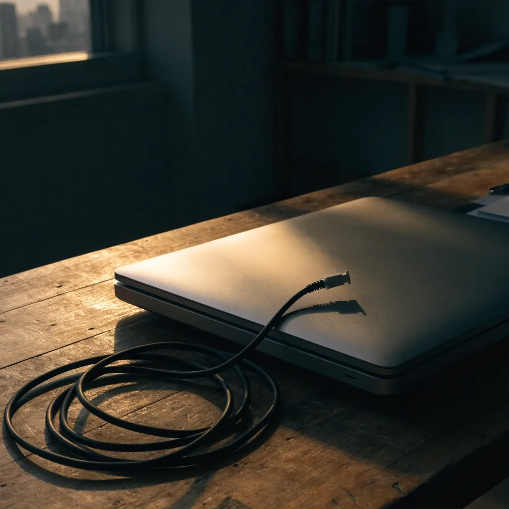 Macro of a coiled cable and closed laptop on a dark studio desk