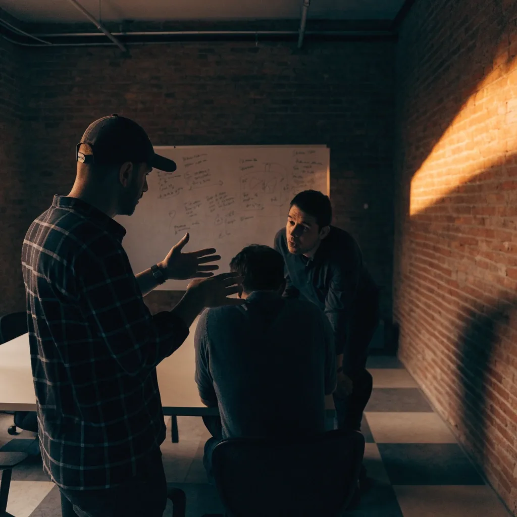 Engineers at a whiteboard in a Chicago studio, markings out of focus