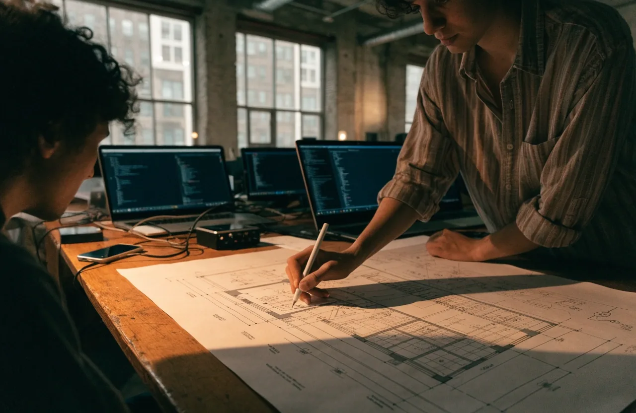 Two engineers reviewing an architecture sketch across a workbench