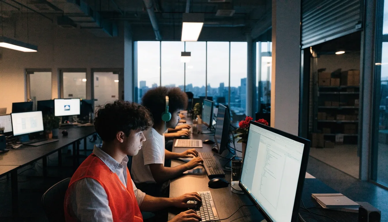 Chicago software studio office interior at dusk with developers at long workbenches